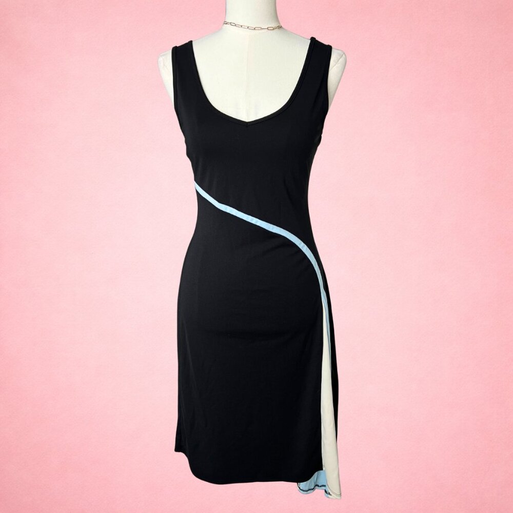 Vintage BCBG Black Midi with Diagonal Contrast Stripe